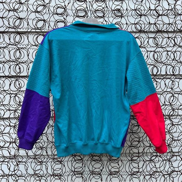 Vintage 80s Blast Teal Red Purple Color Block Henley Lightweight Sweatshirt PM - Picture 2 of 4